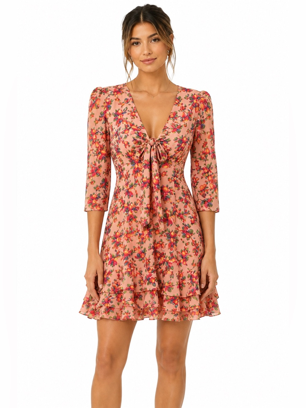 FARM Rio Cashew Fruit Print Tie Front Ruffle Mini Dress XS